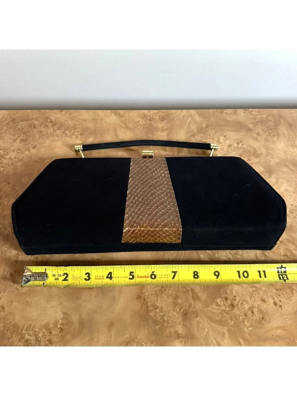 Vintage Town & Country Black Suede Clutch Python Snakeskin Trim Gold Frame MCM
